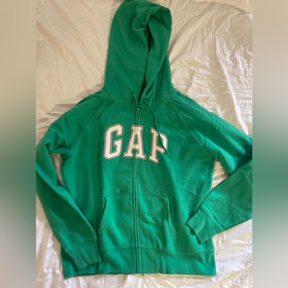 COPY - Gap green zip up sweeter with a white logo on it